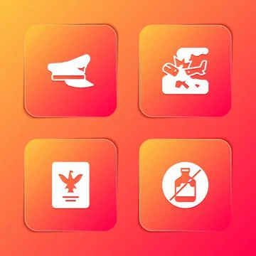 Set Pilot hat, Plane crash, Passport and No alcohol icon. Vector Illustrazione stock