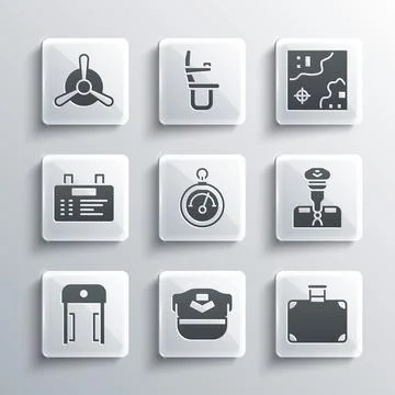 Set Pilot hat, Suitcase, Barometer, Metal detector in airport, Airport board Stock Illustration