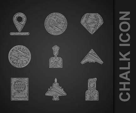 Set Pilot, Jet fighter, Stewardess, Passport, Compass, Parachute and Locati.. Illustrazione stock