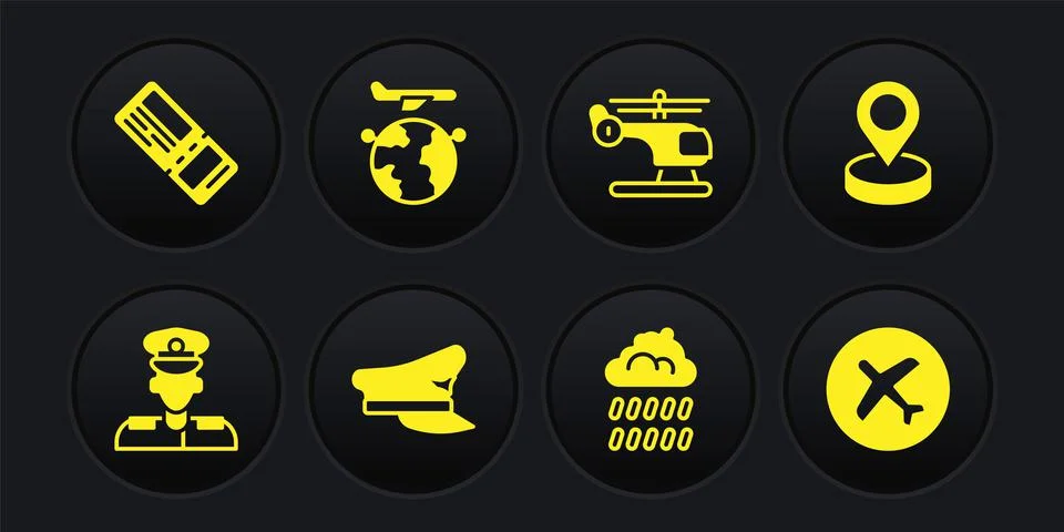 Set Pilot, Location, hat, Cloud with rain, Helicopter, Globe flying plane, Plane Illustrazione stock