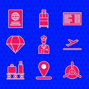 Set Pilot, Location, Plane propeller, takeoff, Airport conveyor belt with sui Illustrazione stock