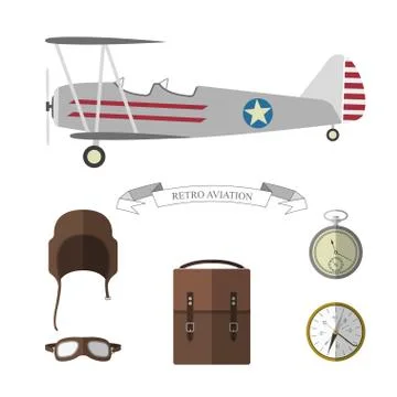 Set of pilot objects. Retro aviation items collection Stock Illustration