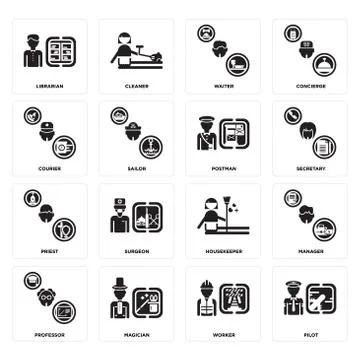Set of Pilot, Worker, Professor, housekeeper, Priest, Postman, Courier, Waite Free Stock Illustration