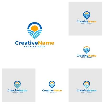 Set of Pin beach with sun logo design vector template. illustration design .. Stock Illustration