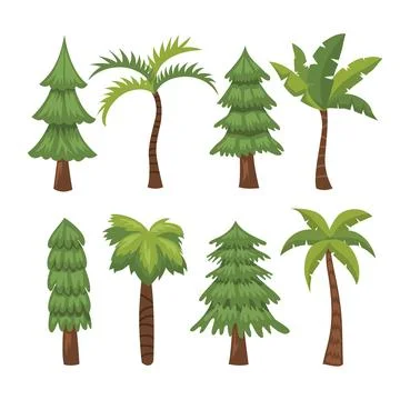 Set of Pine tree and Palm Tree set collection. Evergreen forest, wild natur.. Stock Illustration