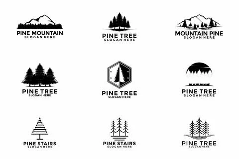 Set Of Pine Tree logo icon design illustration vector, Evergreen logo desig.. Stock Illustration