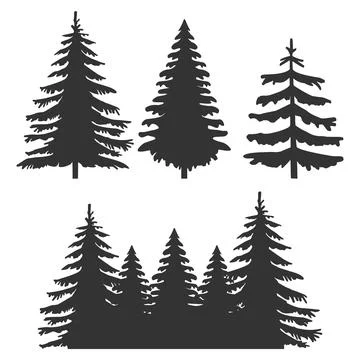 Set of pine trees and forest silhouettes. Vector illustration. For camping ad Stock Illustration