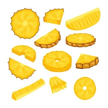 Set of pineapple fruit kit collection, Whole prickly pineapple, half and ro.. Stock Illustration