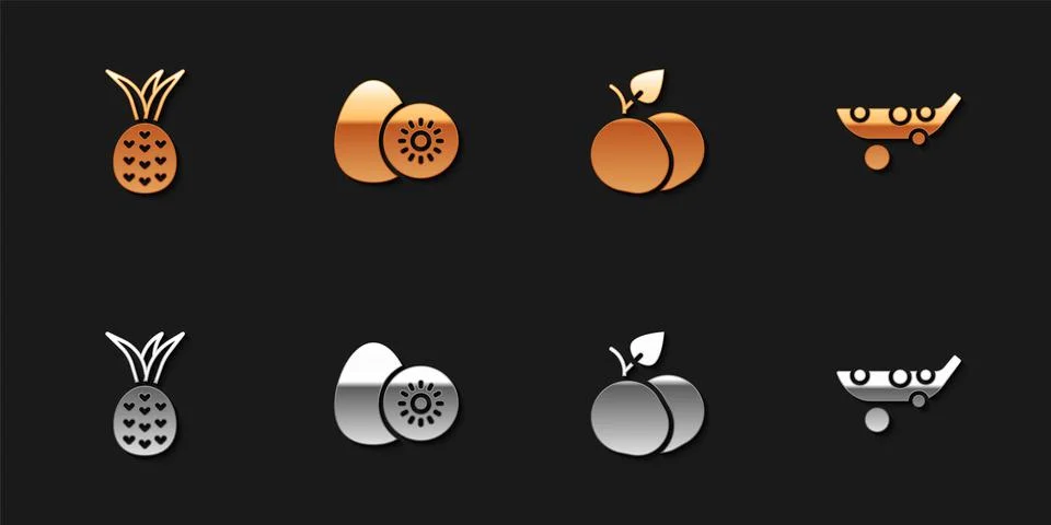 Set Pineapple, Kiwi fruit, Mango and Peas icon. Vector Stock Illustration