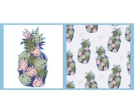 Set of pineapple shape with tropical leaves and matching seamless pattern, flat Stock Illustration
