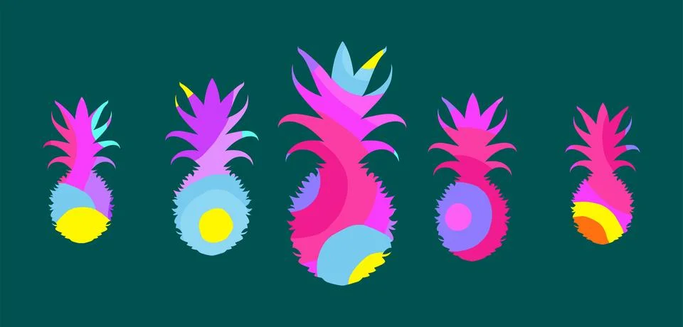 Set of pineapples. Bright multi-colored pineapples in the style of pop-art .. Stock Illustration