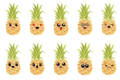 A set of pineapples with different emotions. Color illustrations on a white b Stock Illustration