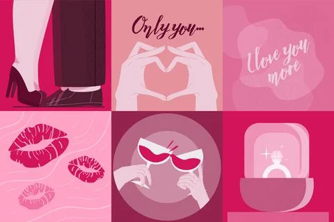 Set of pink and white colored cards for Valentine's Day or wedding. Heart, kiss Stock Illustration