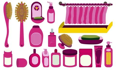 Set of pink bathtub elements for bathroom interior illustration and accessori Stock Illustration