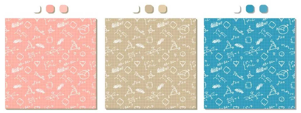 Set of pink, beige, blue vector seamless patterns with handwritten white math Stock Illustration