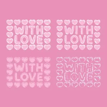 Set with pink bubble hearts, wrapping with bubble wrap, lettering with love Stock Illustration