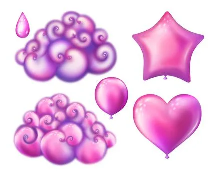 Set of pink clouds, heart shape balloon,star shape balloon, balloon and drop Stock Illustration