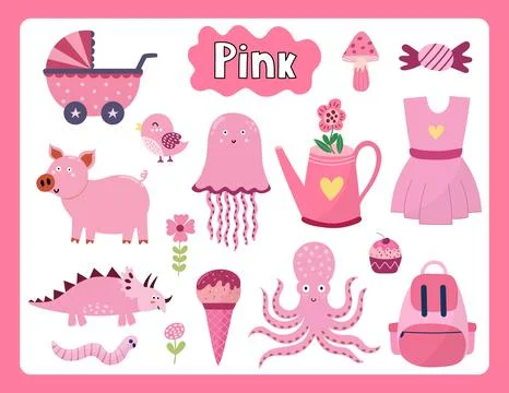 Set of pink color objects. Primary colors flashcard with pink elements Stock Illustration