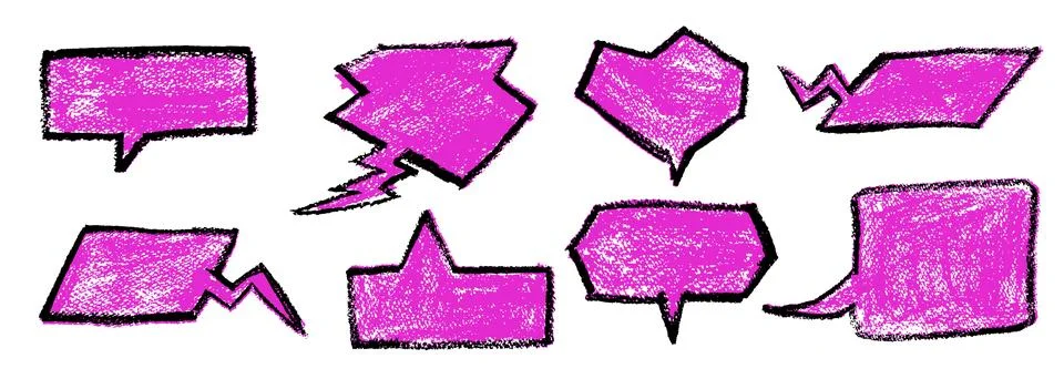 Set of pink colored speech bubbles with black outline stroke in the style of Stock Illustration