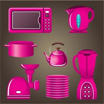 Set pink cookware and kitchen appliances Stock Illustration