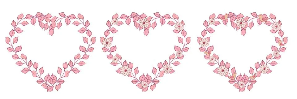 A set of pink decorative frames made of leaves decorated with flowers and bir Stock Illustration