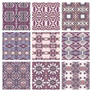 Set of pink different seamless colored vintage geometric pattern Stockillustratie