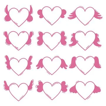 Set of pink elements. Pink hearts with different cupid wings Stock Illustration