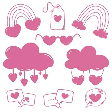 Set of pink elements. Rainbow, cloud, heart, chat Stock Illustration