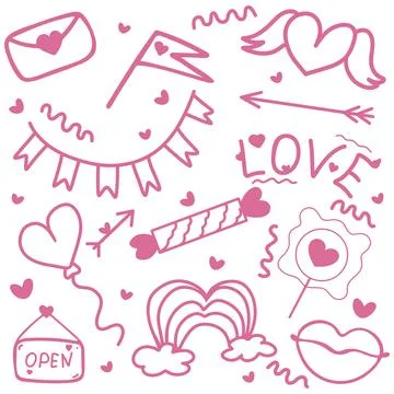 Set of pink elements. Rainbow, cloud, heart, chat, balloon, arrows Stock Illustration