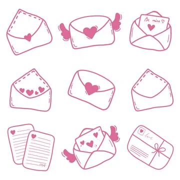 Set of pink elements. Set of mail letters with hearts Stock Illustration