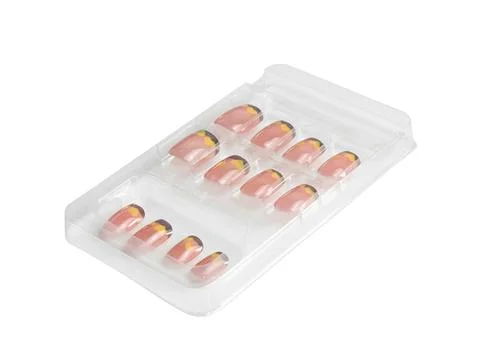 A set of pink false nails isolated on white background 스톡 사진