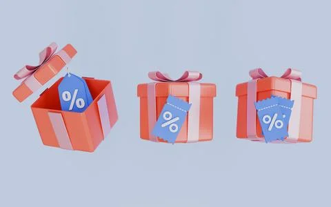 Set of pink gift box with discount tag voucher concept 3d illustration Stock Illustration