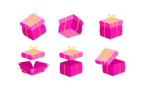 Set of pink gift boxes opening and rotating, surprise and celebration concept Illustrazione stock