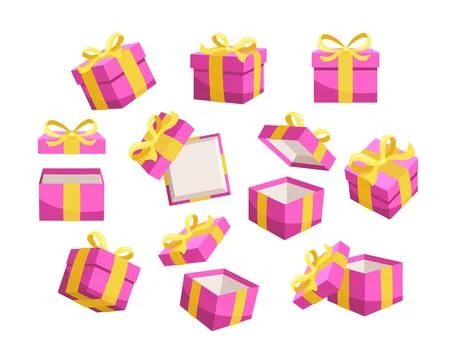 Set of pink gift boxes with yellow ribbons is floating and rotating on a white Illustrazione stock