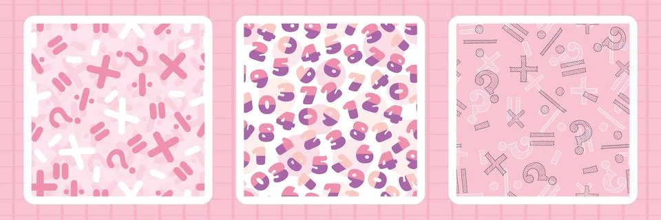Set of pink mathematical symbols pattern background with cute comic numbers Stock Illustration