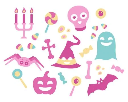 Set Pink objects for Halloween. Scary holiday in Barbie style. Cute spider and Stock Illustration