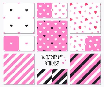 Set of pink patterns with hearts and stripes Illustrazione stock