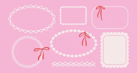 Set of pink ribbon frames in vintage style. Trendy coquette decoration elements Stock Illustration