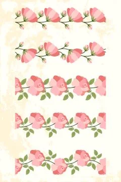 Set of pink rose seamless border on light yellow textured background. Stock Illustration