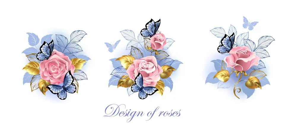 Set of pink roses with butterflies Stock Illustration