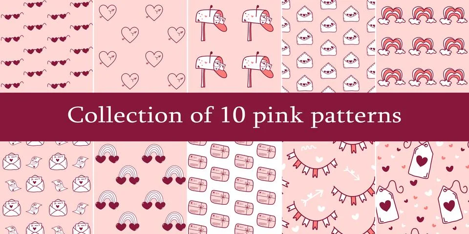 Set of Pink Seamless Patterns for Wedding, Date, Valentine's Day Illustrazione stock