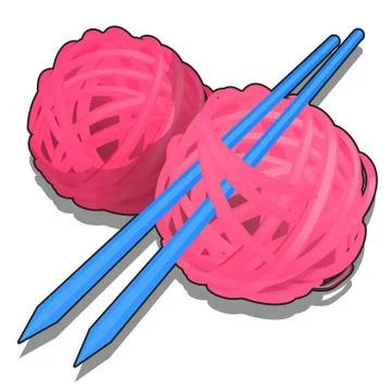 Set of pink tangles of wool yarn and knitting needles isolated on a white Stock Illustration
