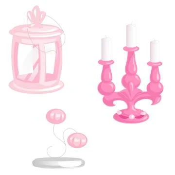 Set of pink vintage lighting objects isolated on white background. Camping la Stock Illustration