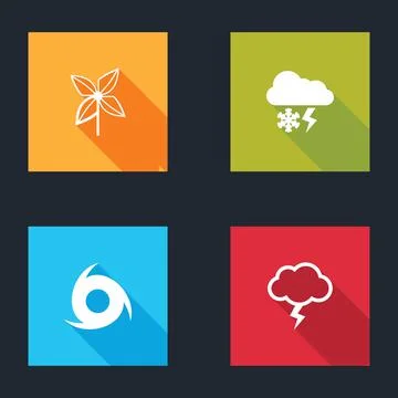 Set Pinwheel, Cloud with snow and lightning, Tornado and Storm icon. Vector Illustrazione stock