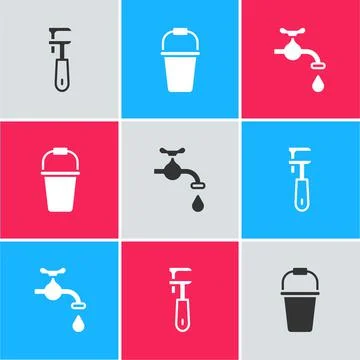 Set Pipe adjustable wrench, Bucket and Water tap icon. Vector Stock-Illustration