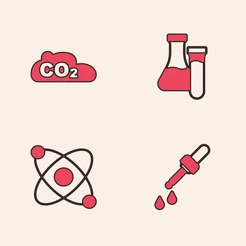 Set Pipette, CO2 emissions in cloud, Test tube and Atom icon. Vector イラスト素材