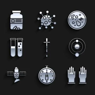 Set Pipette, Compass, Rubber gloves, Solar system, Satellite, Test tube and Stock Illustration