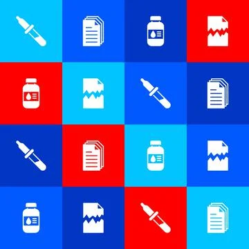 Set Pipette, File document, Printer ink bottle and Torn icon. Vector Stock Illustration