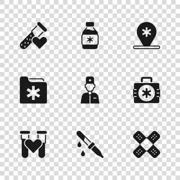 Set Pipette, First aid kit, Crossed bandage plaster, Male doctor, Location .. Stock Illustration