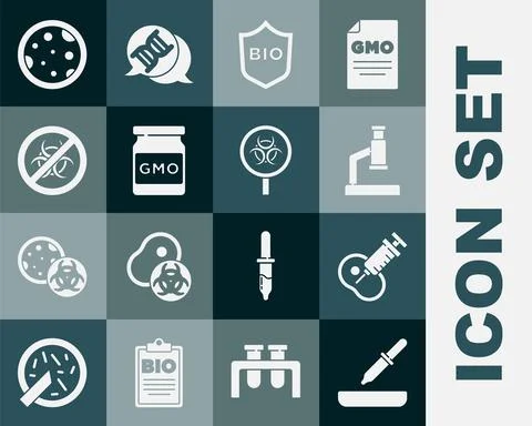 Set Pipette, Genetically modified meat, Microscope, Shield for bio healthy fo Illustrazione stock